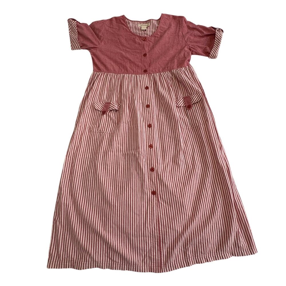 Vintage Bechamel Patio Dress Button Front Pink White Stripes Front Pockets